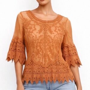 Ultra Pink Tunic Top Women Small Rust Orange Sheer Lace Mesh Boho Bell Sleeve